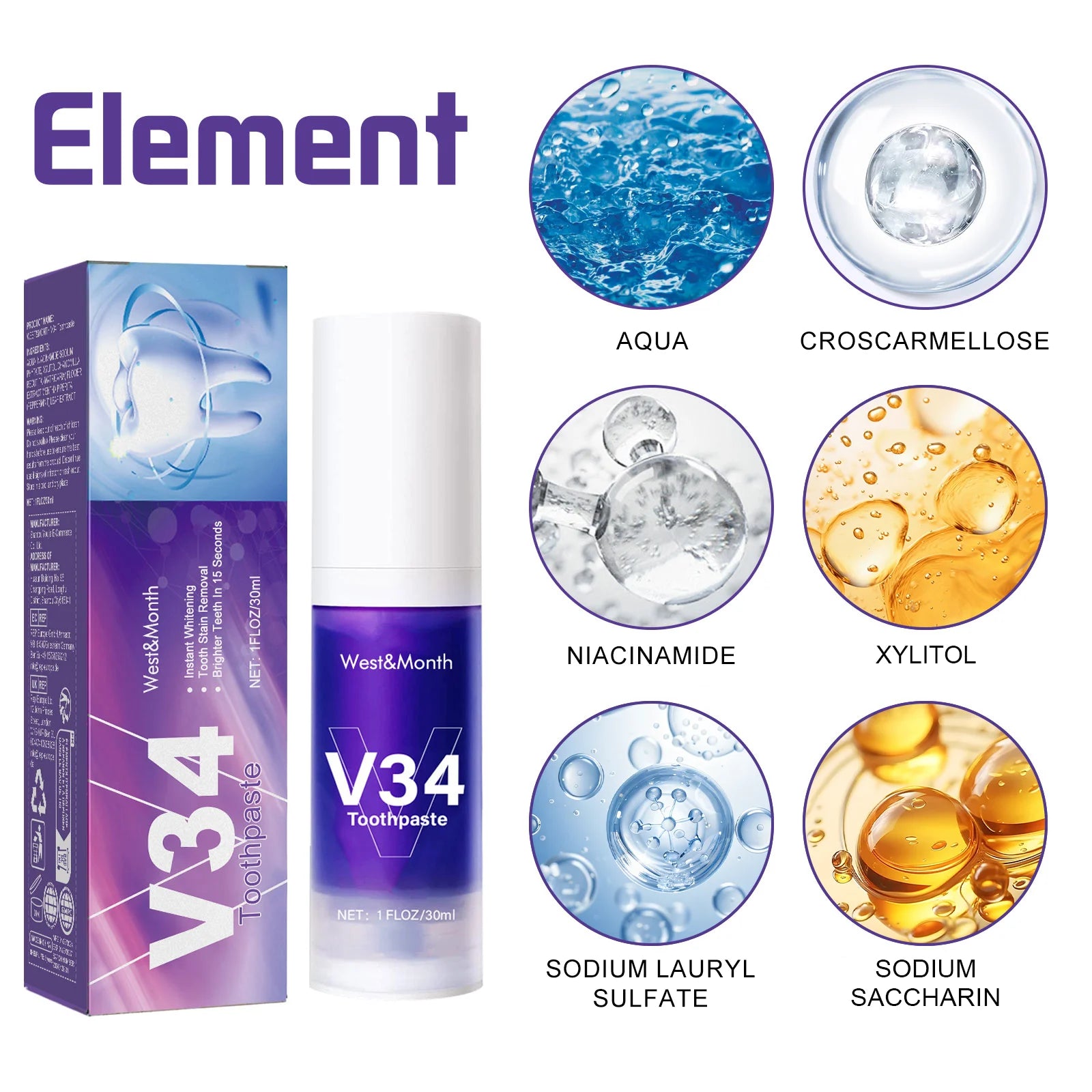 Transform Your Smile with V34 Teeth Whitening Toothpaste - 30ml Intensive Stain Remover for Yellow Teeth and Fresh Breath